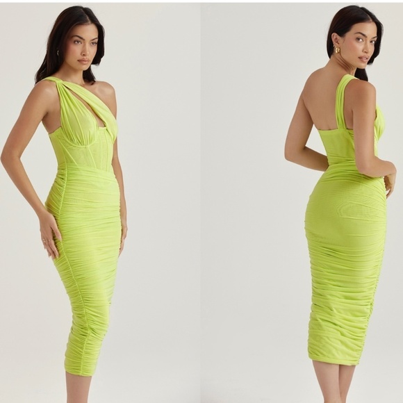 HOUSE OF CB 'Valentina'Lime neon Asymmetric Cutout Midi‎ Dress/Size XS plus cup - Picture 7 of 16